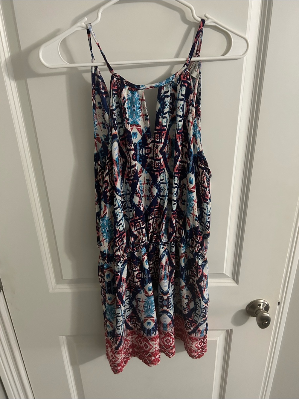 Charlotte Russe Floral-Print Spaghetti Strap Romper in Blue, Red & White